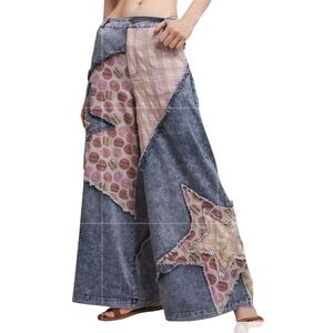 BLUE VELVET. NWT. Boho Patchwork Wide Leg Jeans - Pink & Denim NWT